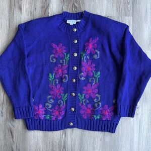 Vintage Ms Russ Purple Flower Silver Button Acrylic Wool Cardigan Sweater Sz L
